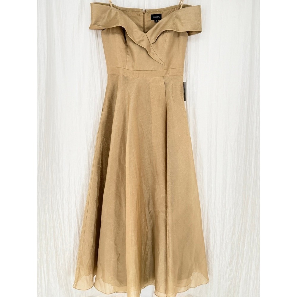 Xscape Off Shoulder Gold Shimmer A-Line Evening Gown Size 8 NWOT